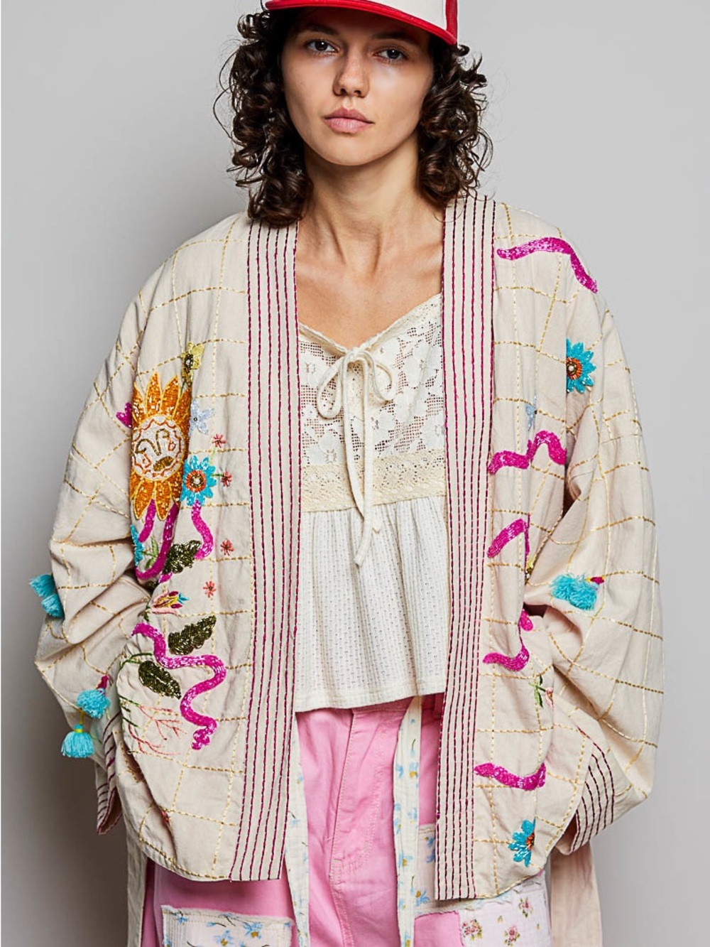 POL Embroidered Cream Boho Kimono Jacket with Pink & Turquoise Accents